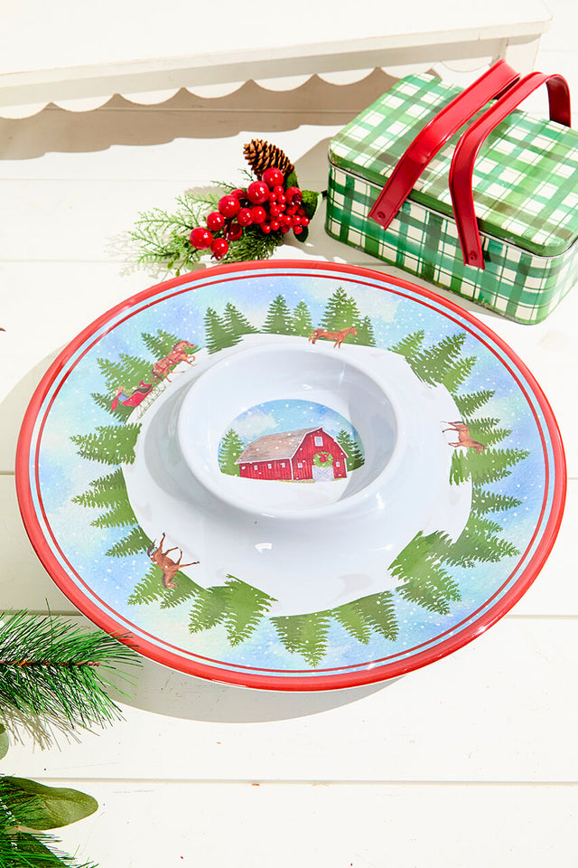 14.96" Melamine Holiday Barn Design Chip & Dip Plate