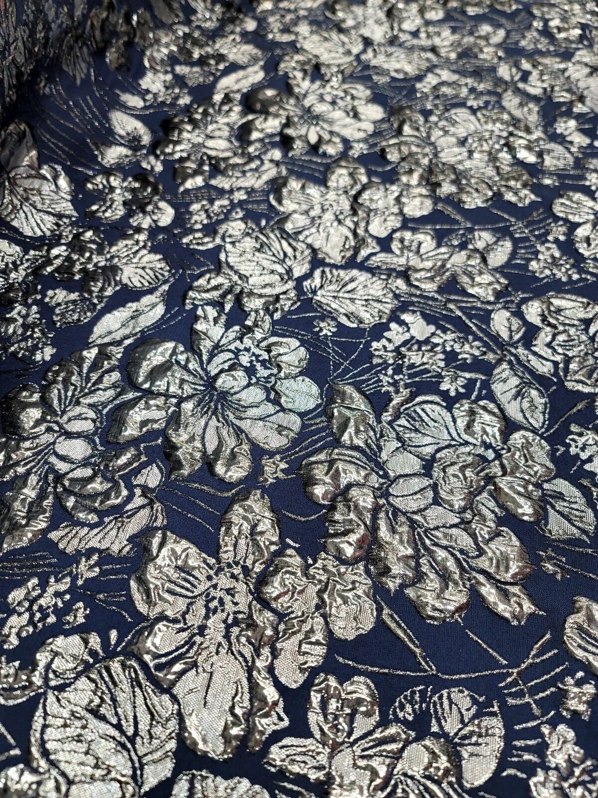 Brocade Jacquard Navy Blue Silver Floral