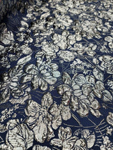 Brocade Jacquard Navy Blue Silver Floral