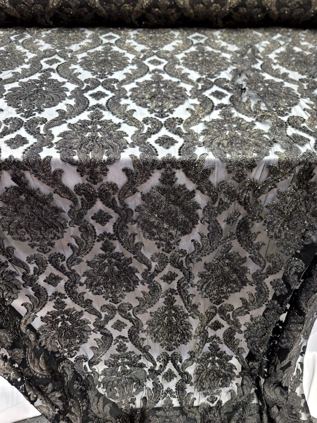Embroidered Stretch Lace Fabric Black Gold Accent