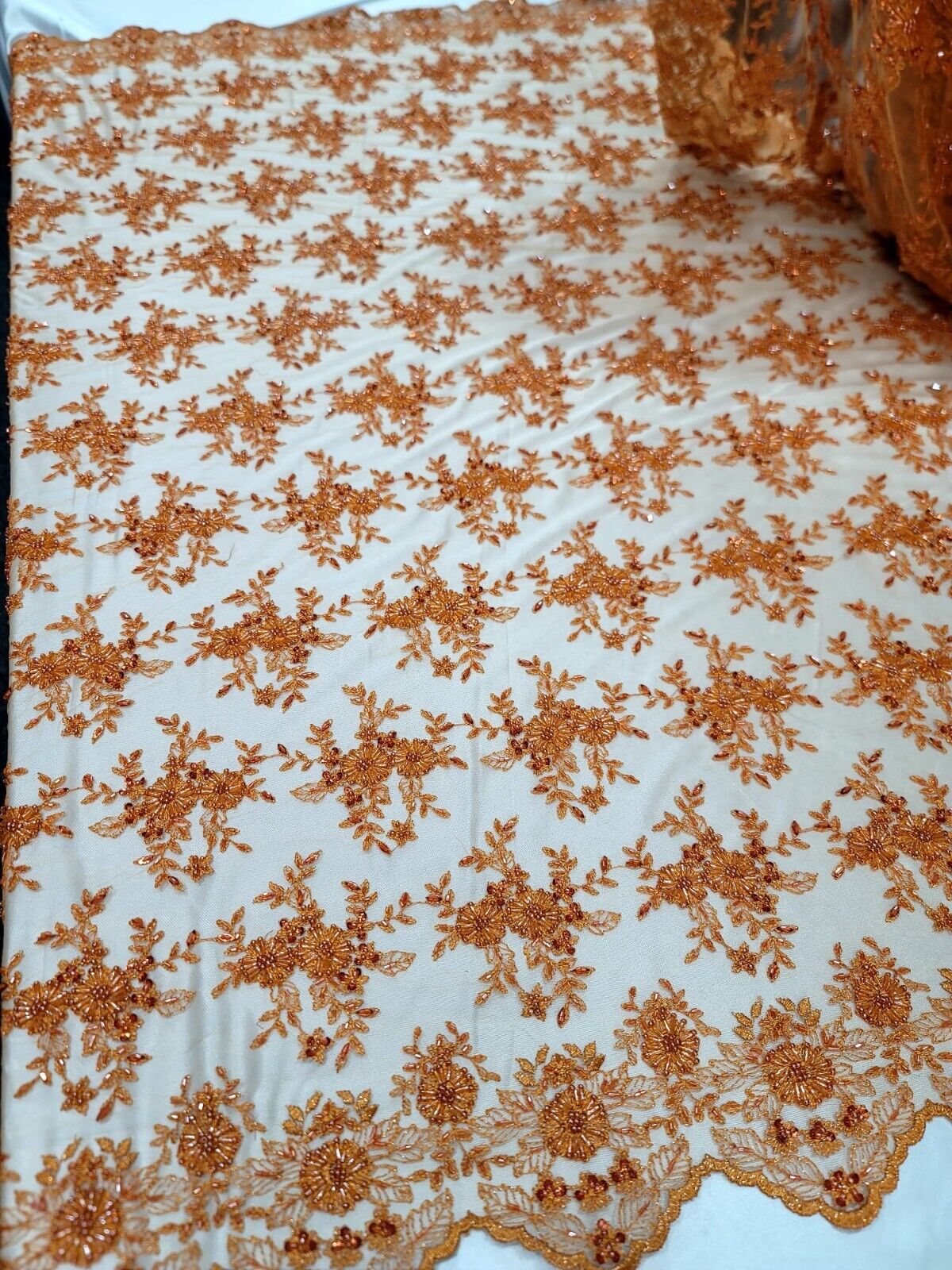 Orange Embroidery Lace Beaded Floral Fabric
