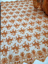 Orange Embroidery Lace Beaded Floral Fabric