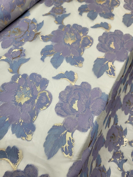 Brocade Floral Organza Fabric Lavender Blue