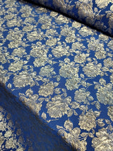 Royal Blue Brocade Fabric Metallic Silver Floral Emboss