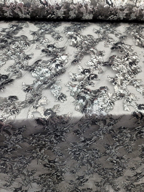 Metallic Silver Floral Brocade Fabric