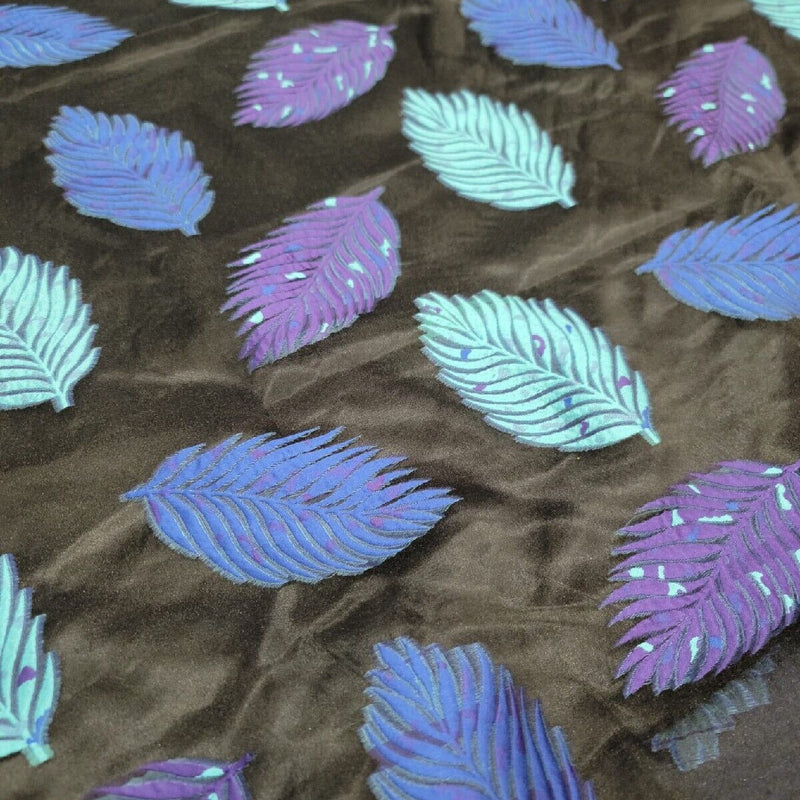 Organza Brocade Fabric Leaves Purple Aqua Blue on Black