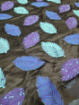Organza Brocade Fabric Leaves Purple Aqua Blue on Black