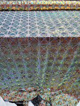 Sequin Stretch Mesh Fabric Green Blue Iridescent on Black
