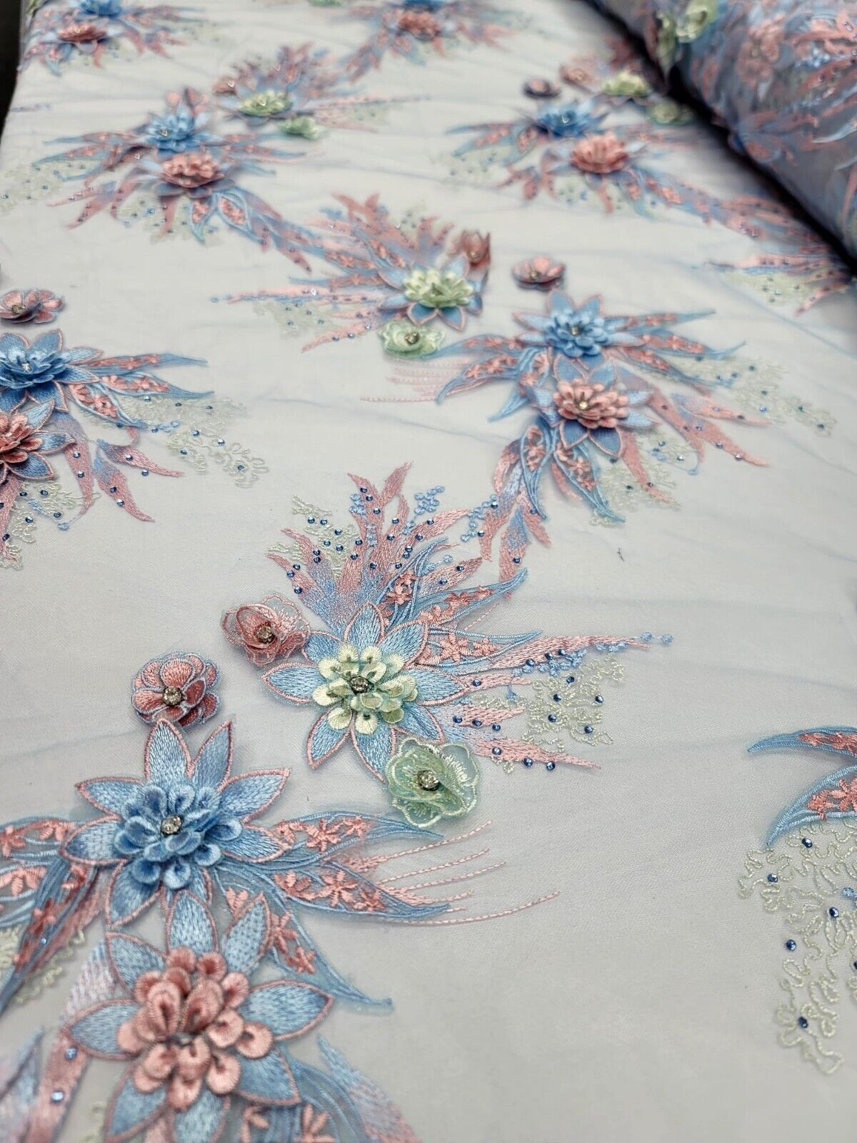 3D Floral Lace with Rhinestones in Sage Pink and Sky Blue