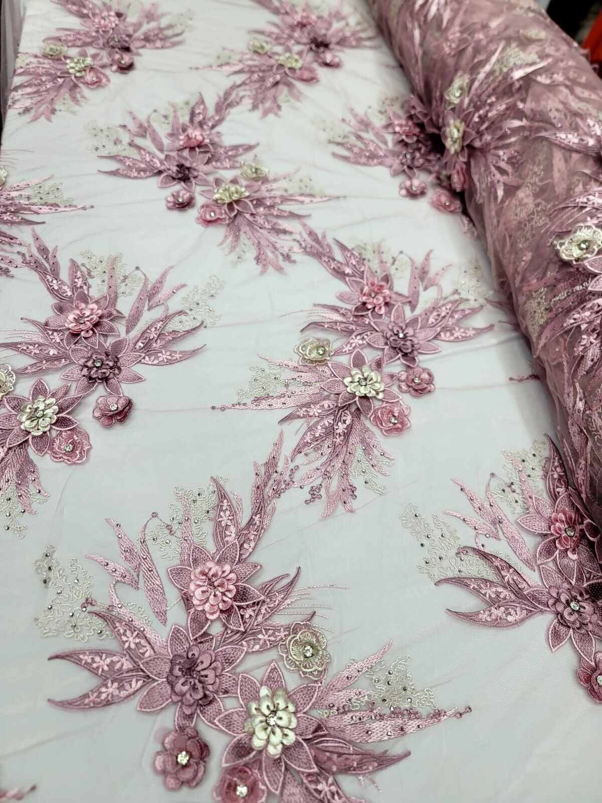 3D Embroidery Lace Fabric Dusty Rose