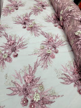 3D Embroidery Lace Fabric Dusty Rose