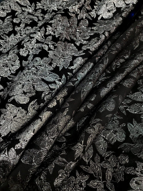 Brocade Jacquard Silver Floral on Black