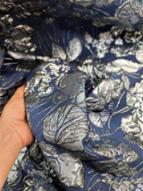 Brocade Jacquard Navy Blue Silver Floral