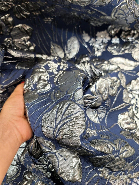 Brocade Jacquard Navy Blue Silver Floral