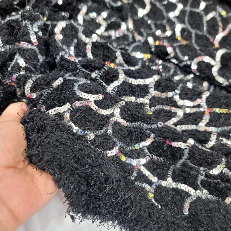 Sequin Faux Fur Stretch Fabric Black Silver