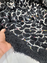 Sequin Faux Fur Stretch Fabric Black Silver