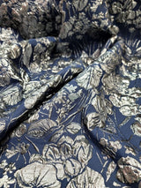 Brocade Jacquard Navy Blue Silver Floral