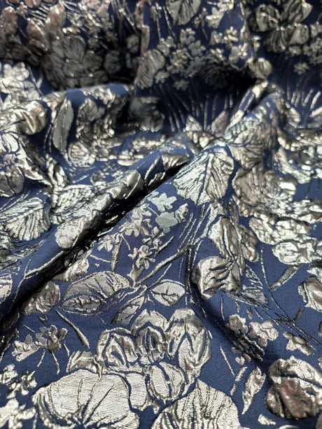 Brocade Jacquard Navy Blue Silver Floral