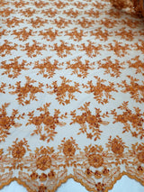Orange Embroidery Lace Beaded Floral Fabric