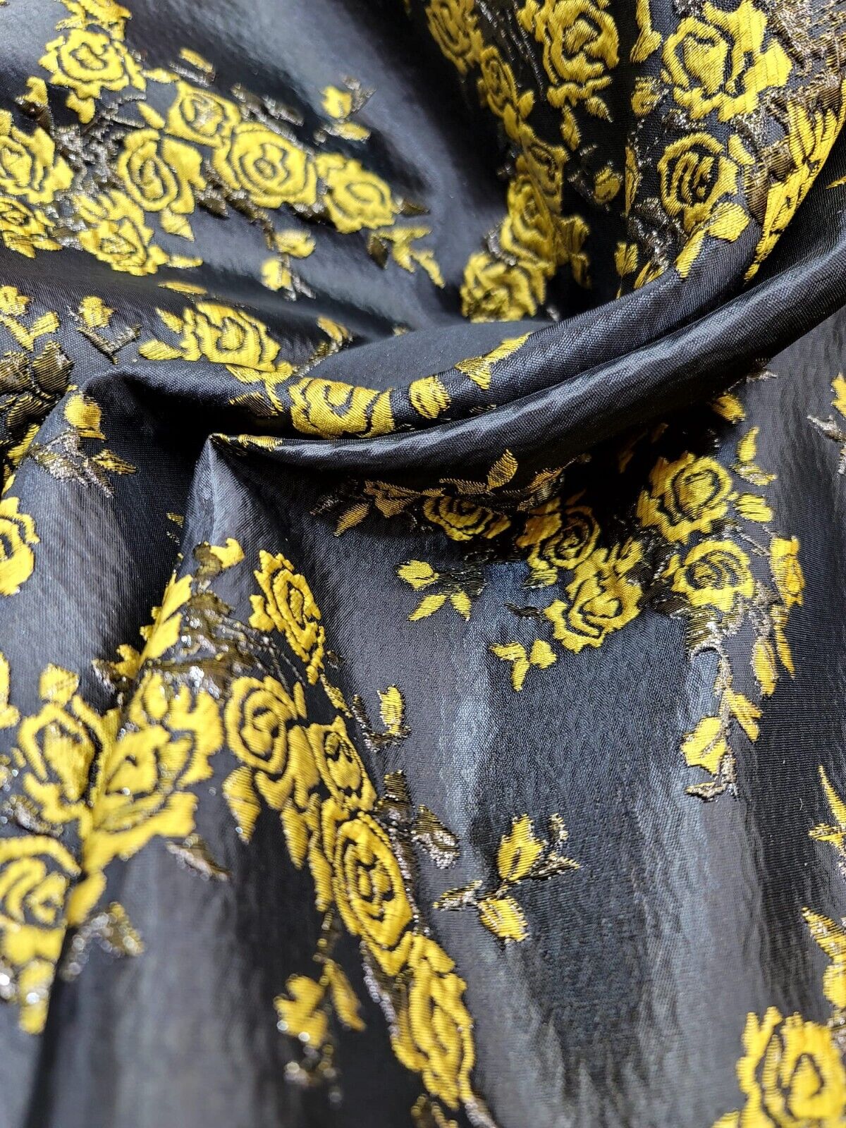 Floral Brocade Fabric Yellow Black