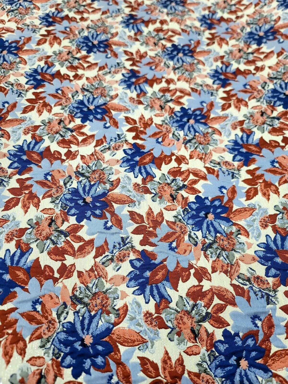 Brocade Jacquard Floral Chenille Fabric Blue Maroon Coral