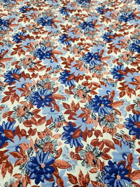 Brocade Jacquard Floral Chenille Fabric Blue Maroon Coral