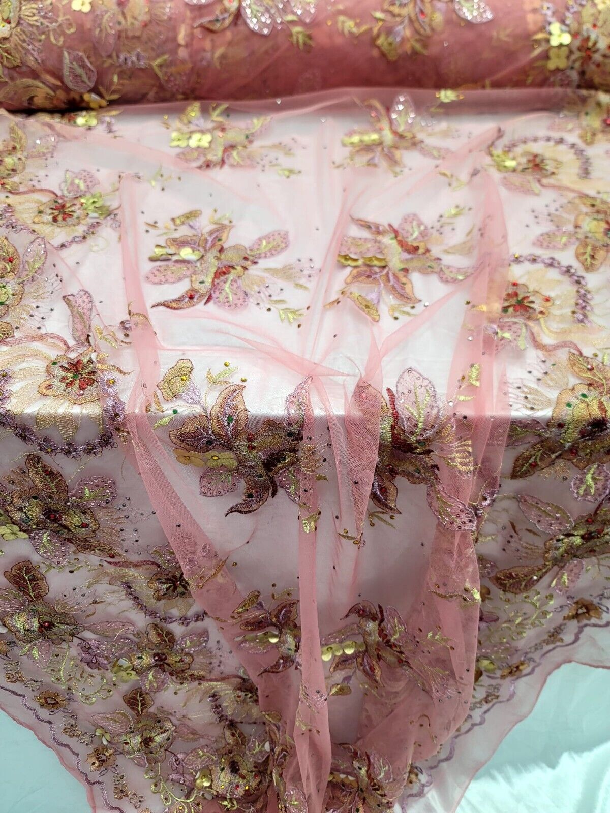 3D Floral Lace Fabric Coral Gold Rhinestone