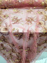 3D Floral Lace Fabric Coral Gold Rhinestone