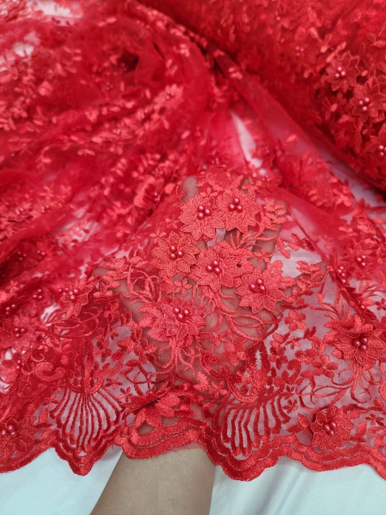 3D Flower Lace Embroidery Lace Fabric Red