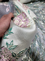 Brocade Jacquard Metallic Eyelash Fabric Sage Pink Gold