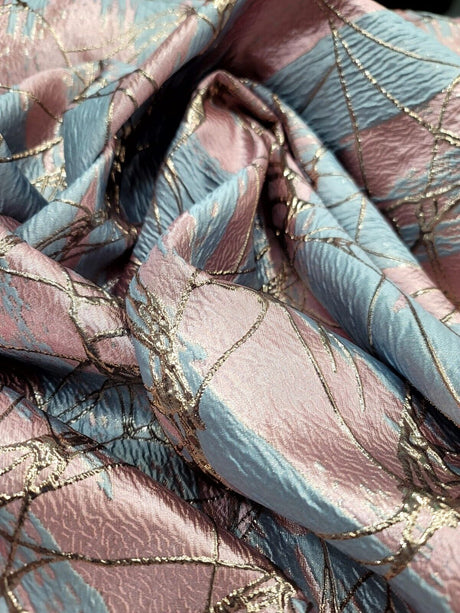 Brocade Jacquard Fabric Pink Sky Blue Metallic Rose Gold