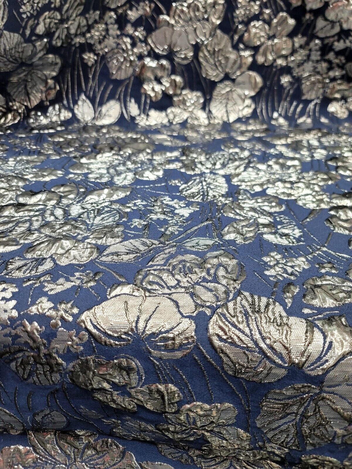 Brocade Jacquard Navy Blue Silver Floral