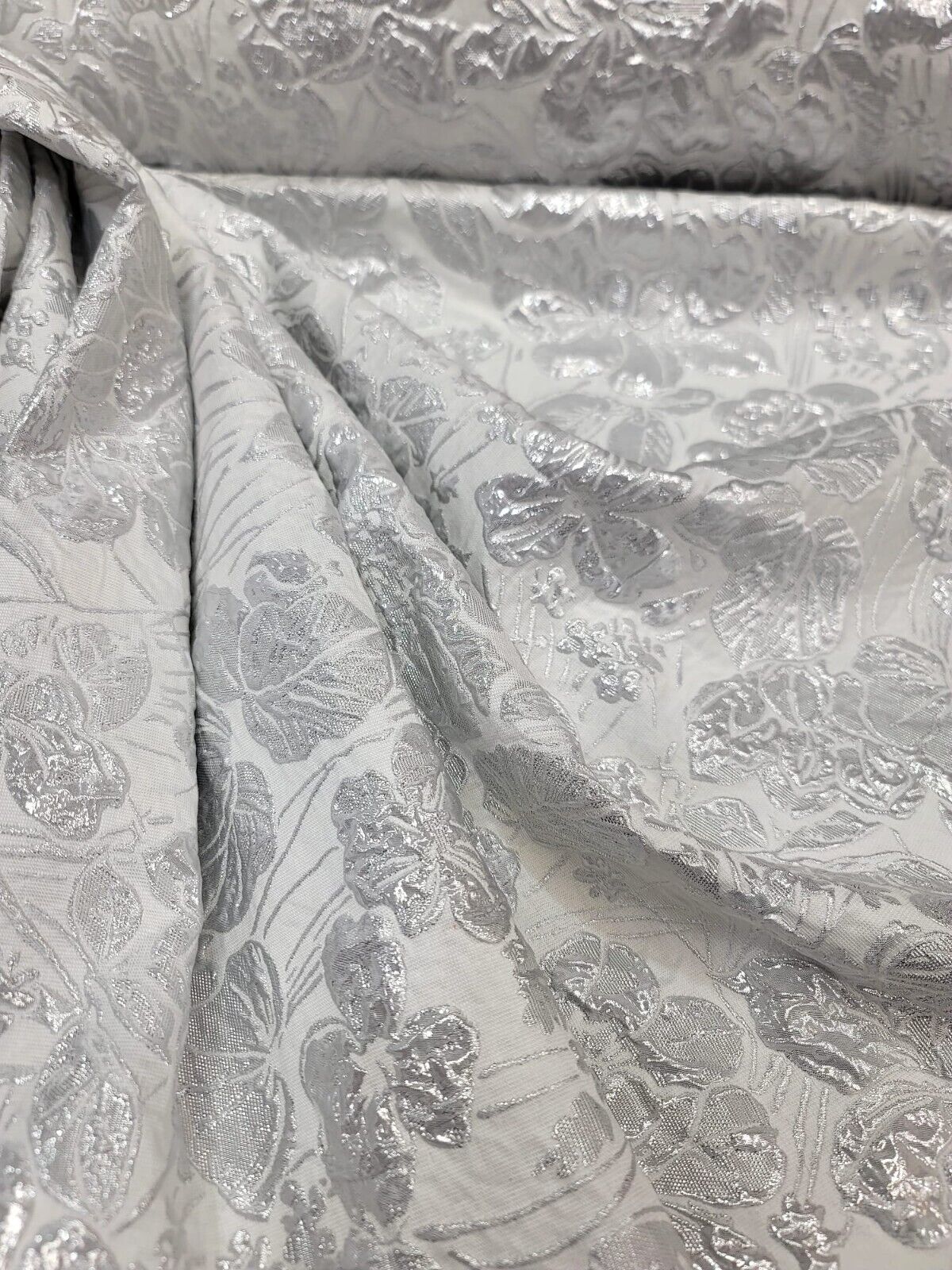 White Silver Floral Brocade Fabric