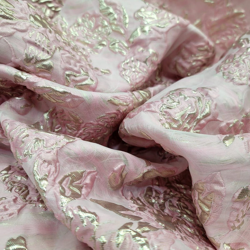 Brocade Jacquard Fabric Rose Pink Gold Metallic