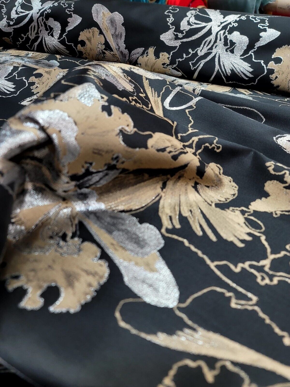 Brocade Jacquard Floral Fabric Gold Silver Black
