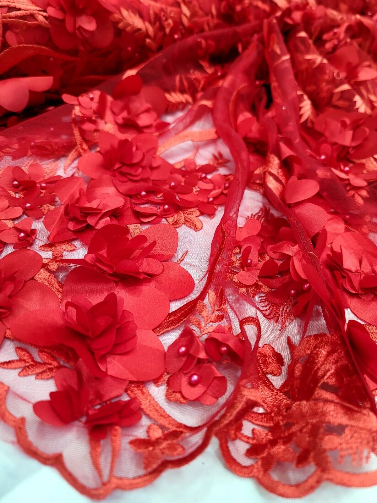 Red 3D Floral Embroidered Pearl Mesh Lace