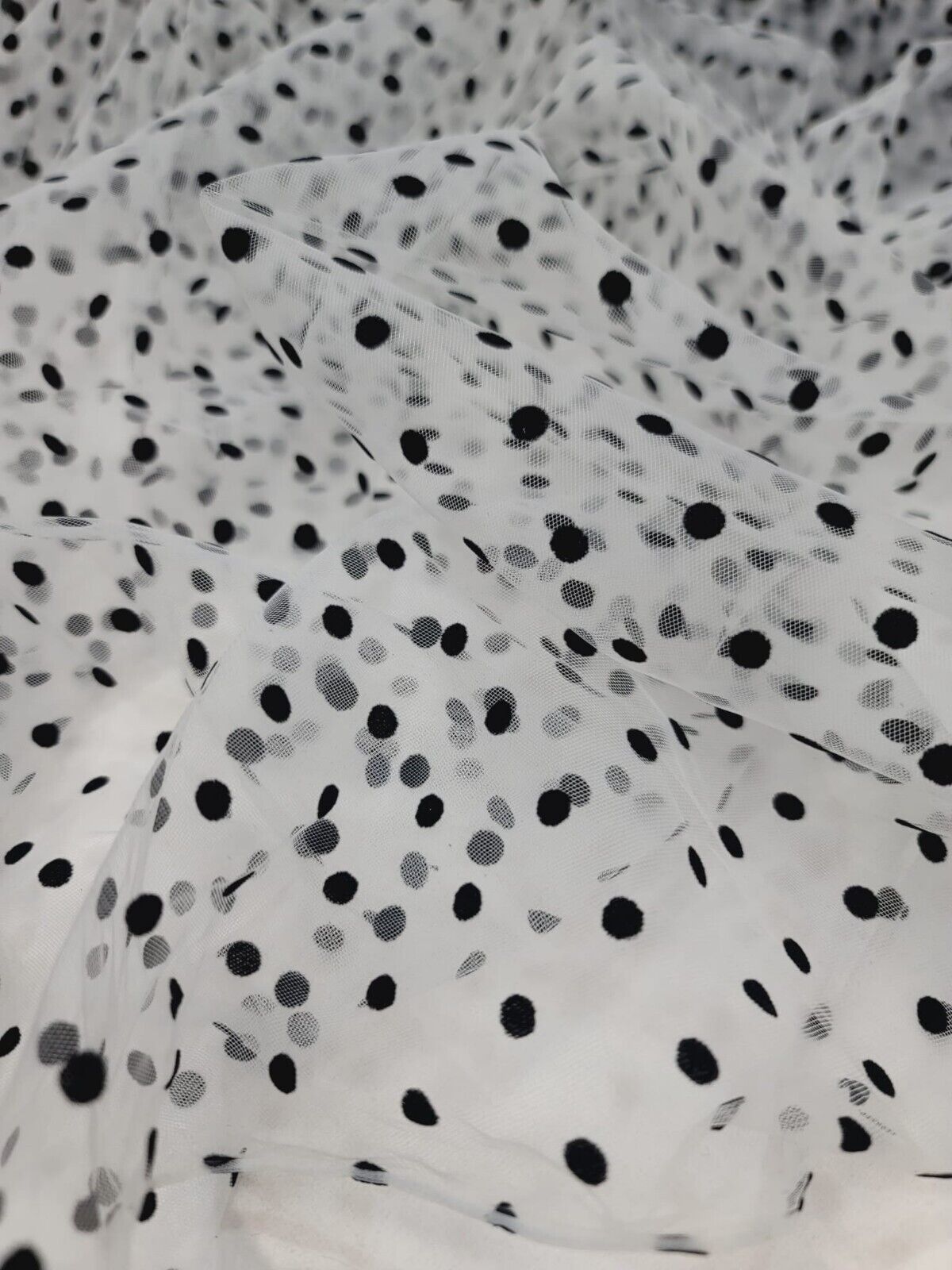 Tulle Mesh Fabric White with Black Velvet Polka Dots