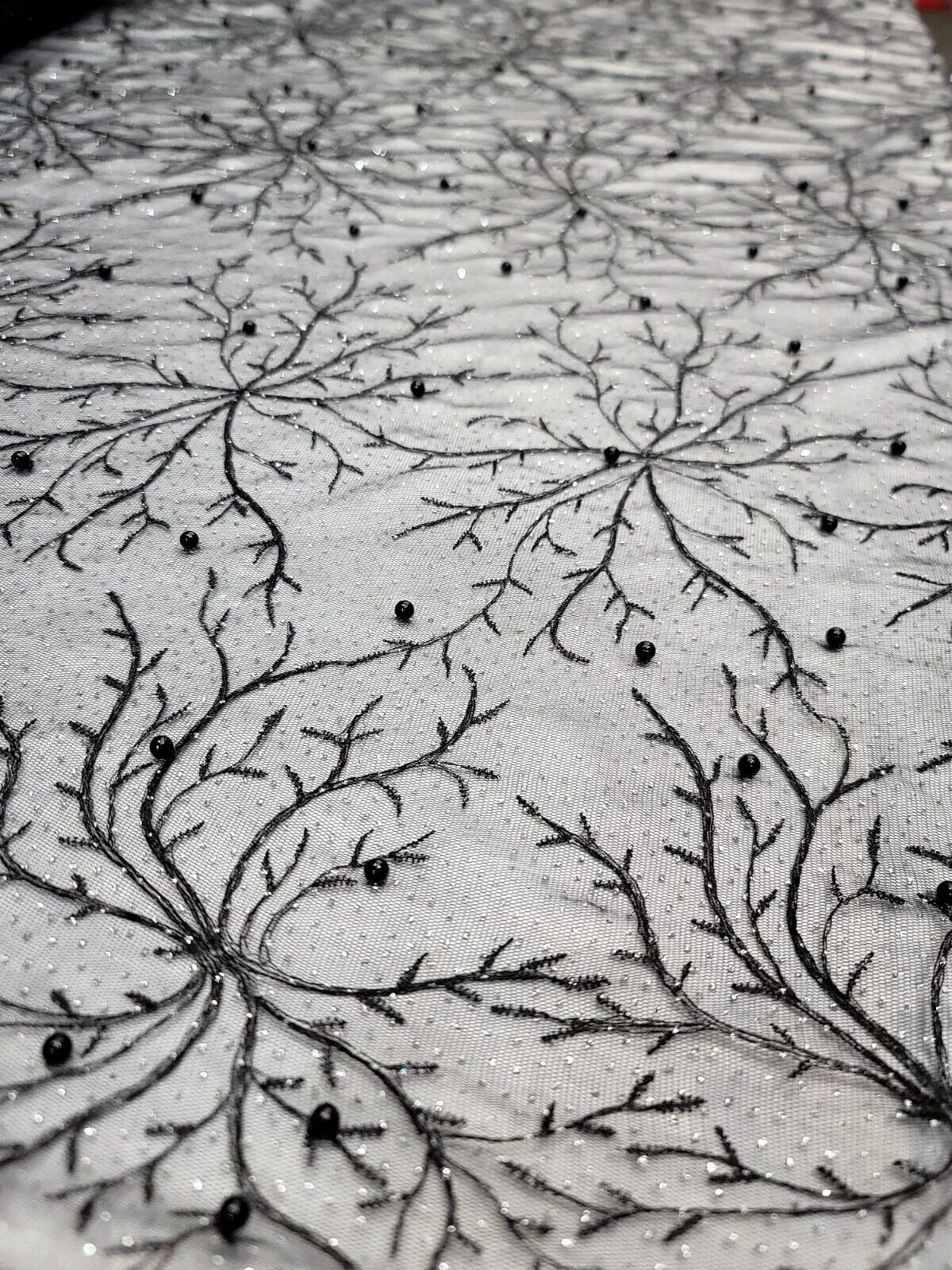 Embroidered Bridal Lace Fabric Black Silver