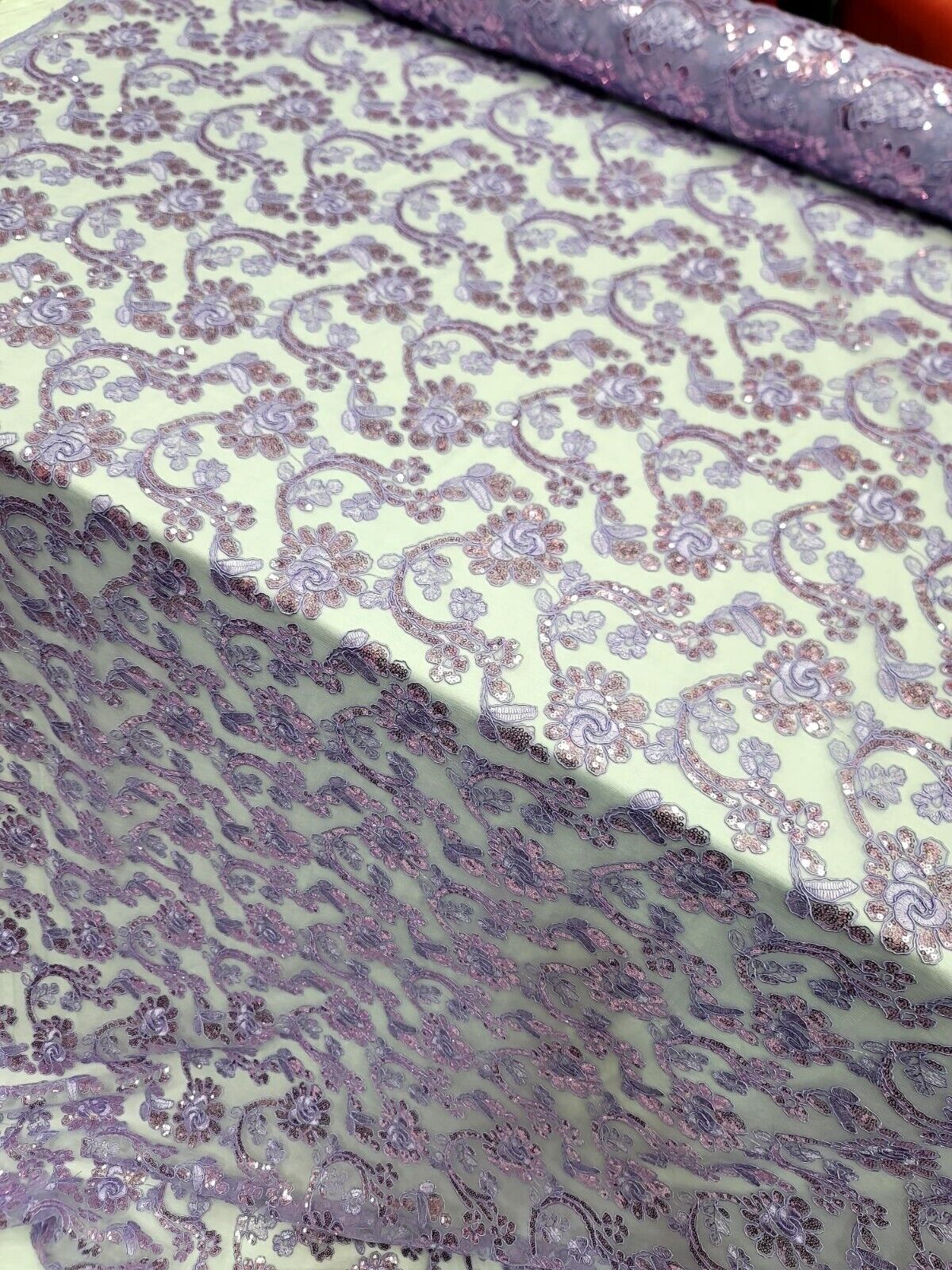Embroidered Floral Lace Mesh Fabric Lavender
