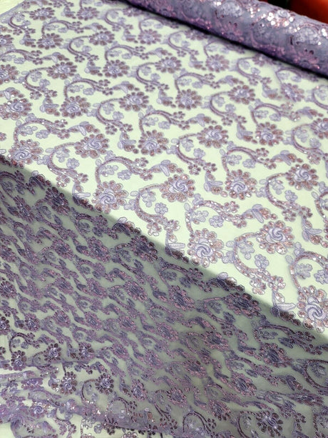 Embroidered Floral Lace Mesh Fabric Lavender