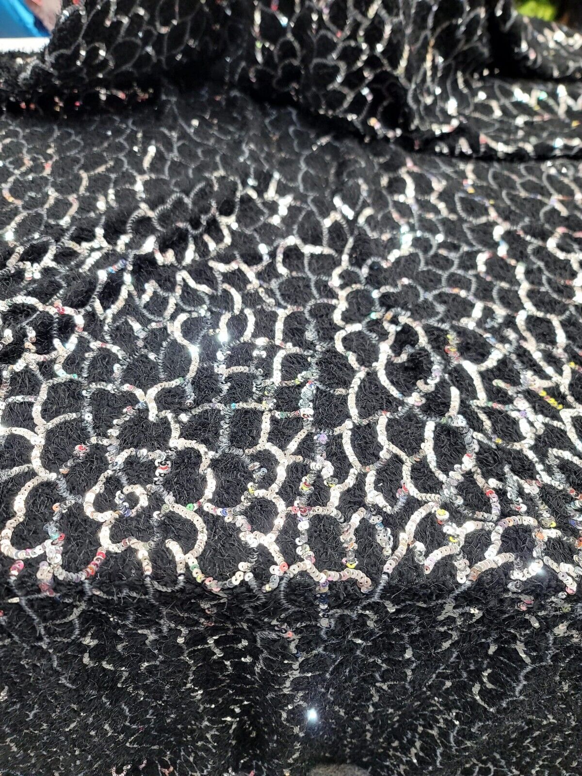 Sequin Faux Fur Stretch Fabric Black Silver