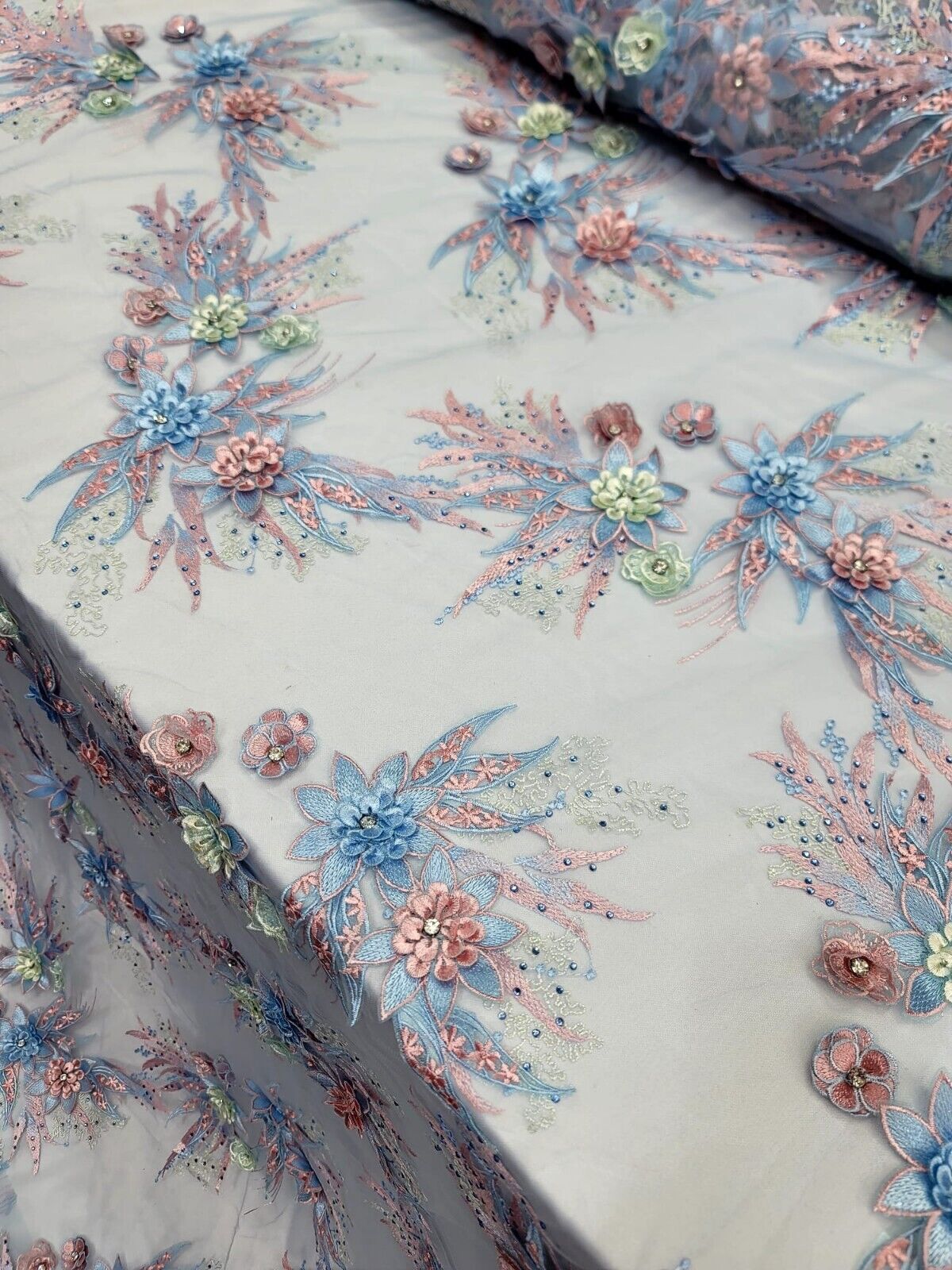 3D Floral Lace with Rhinestones in Sage Pink and Sky Blue