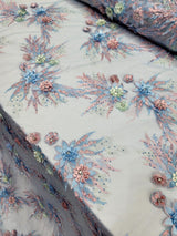 3D Floral Lace with Rhinestones in Sage Pink and Sky Blue