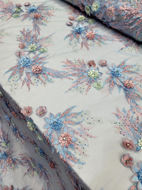 3D Floral Lace with Rhinestones in Sage Pink and Sky Blue