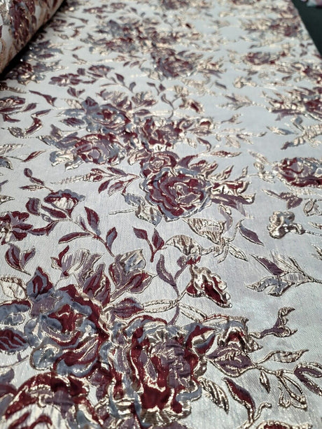 Burgundy Metallic Brocade Floral Fabric