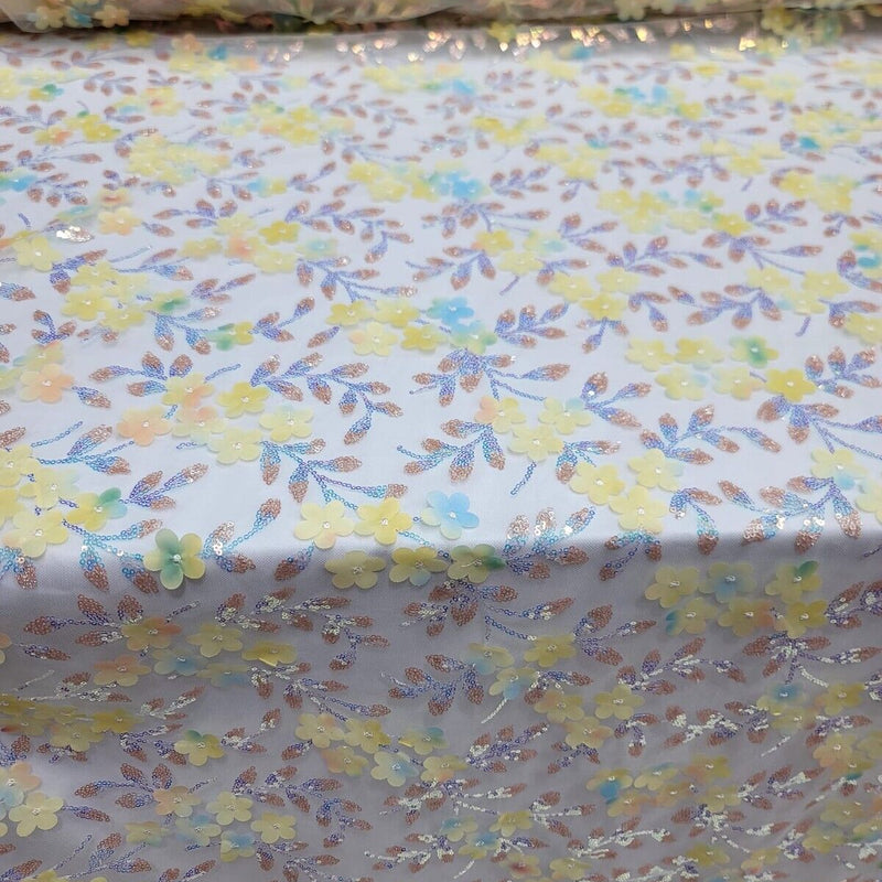 3D Floral Sequin Lace Fabric Yellow
