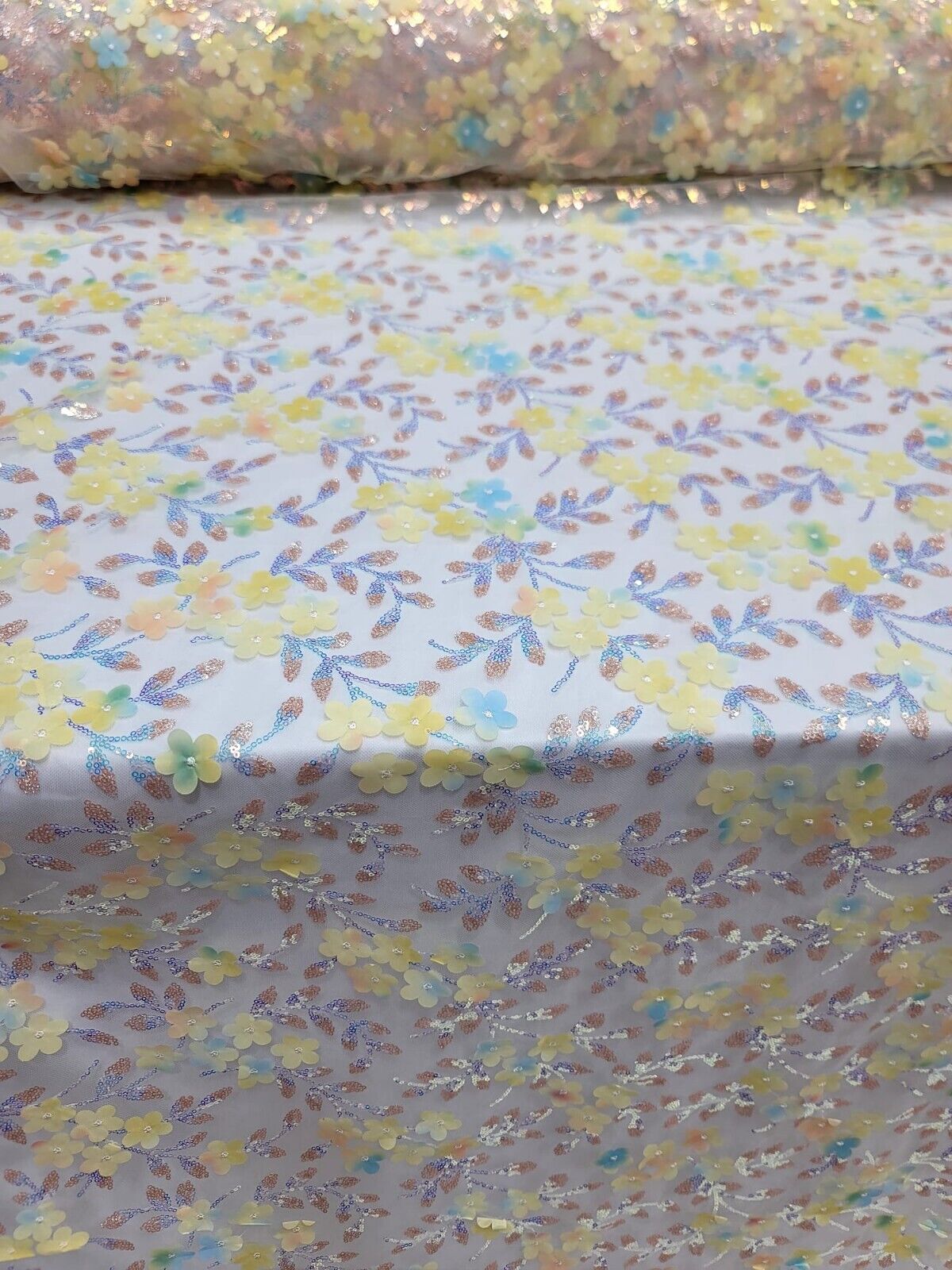 3D Floral Sequin Lace Fabric Yellow