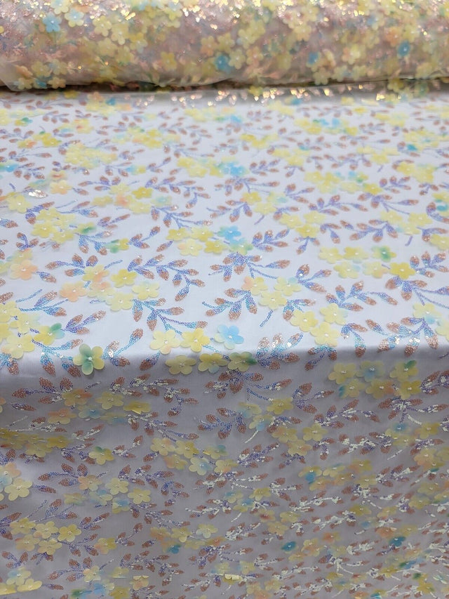 3D Floral Sequin Lace Fabric Yellow