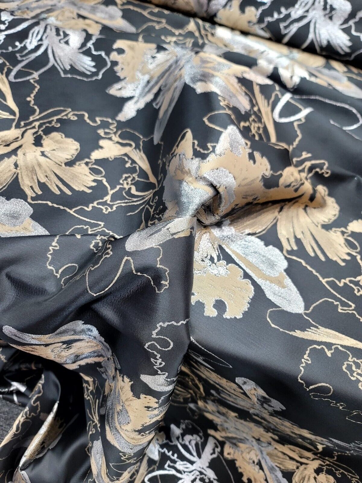 Brocade Jacquard Floral Fabric Gold Silver Black