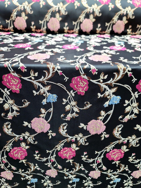 Brocade Jacquard Fabric Black Floral Pink Gold Blue